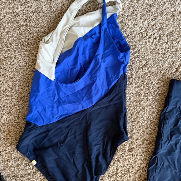 Summersalt Blue and White one shoulder Swimsuit with blue coverup skirt - Picture 3 of 5